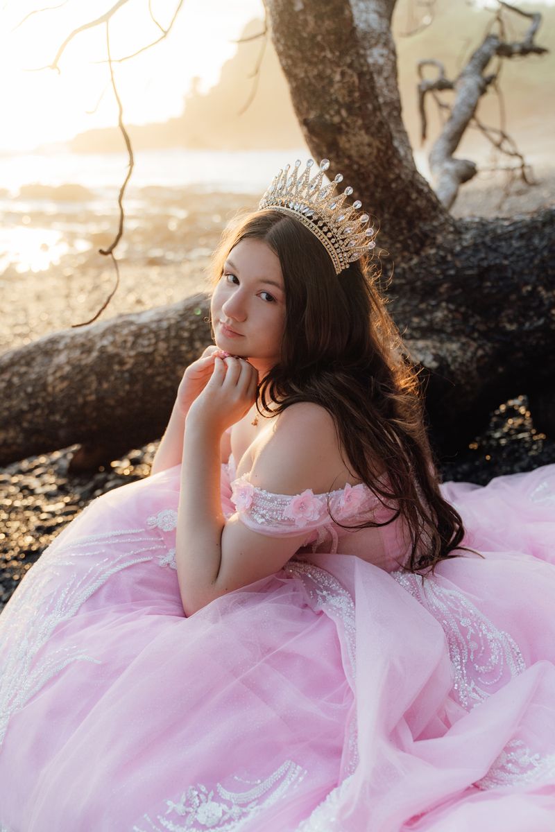 Quinceañera in a pink gown and tiara by a driftwood tree on the beach